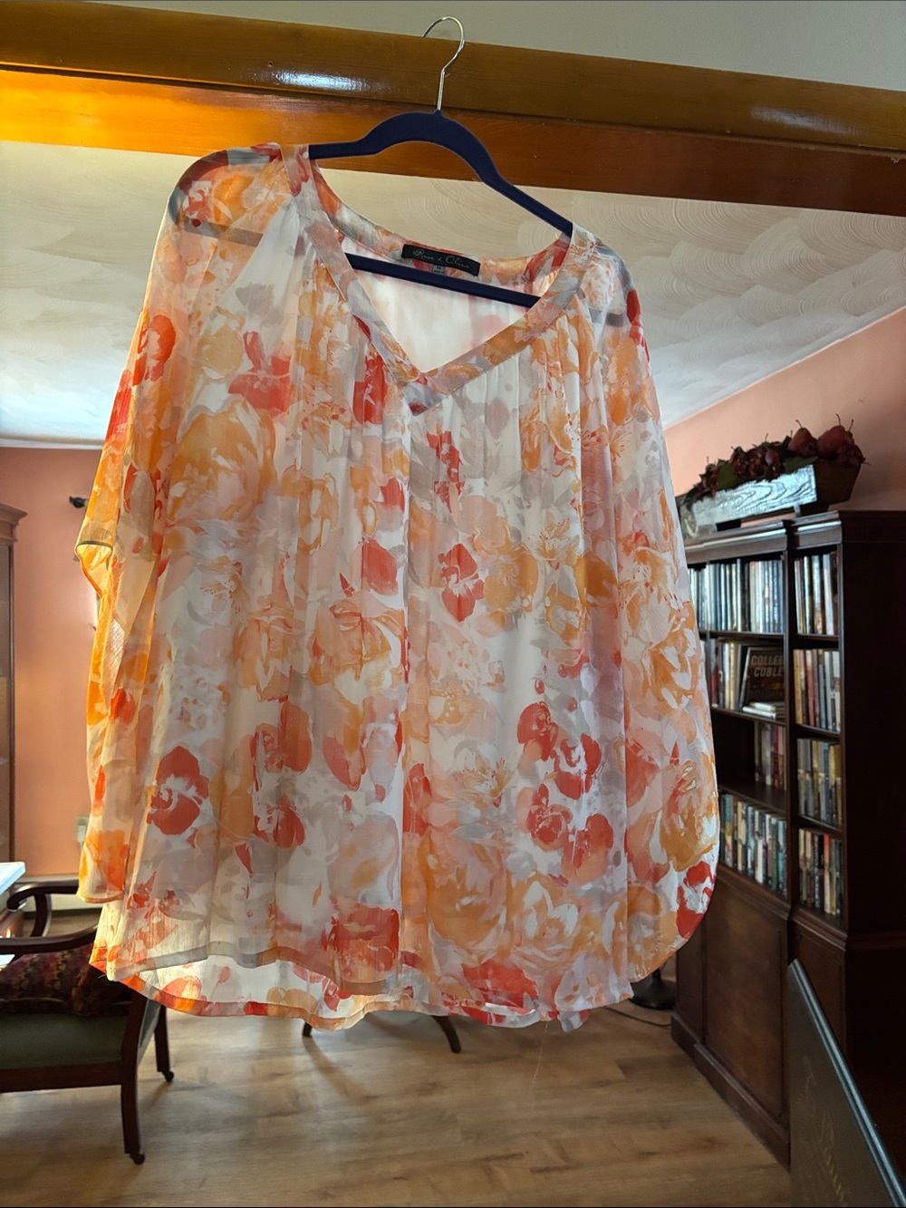 Rose & Olive Floral V-Neck Sheer Blouse in Peach & Cream